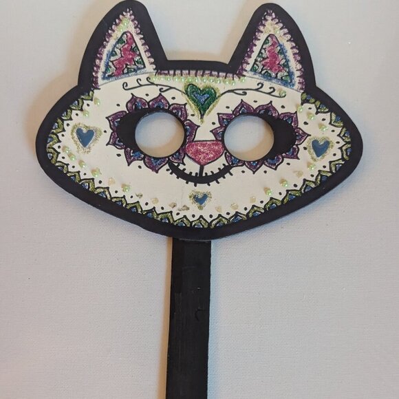 OOAK Sugar Skull Cat Halloween Wood Mask Muertos Artist Masquerade Costume DDLM - Picture 2 of 13